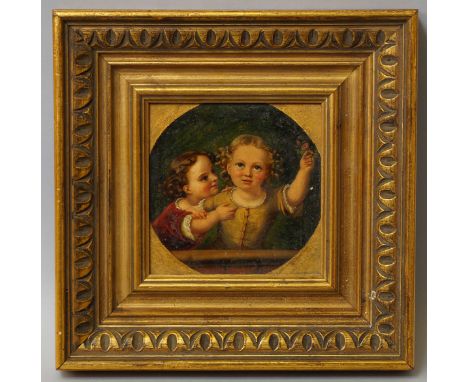 English School, mid 19th century- "Playing Children"; oil on panel, 15x14.5cm: together with a hand-coloured steel engraving 
