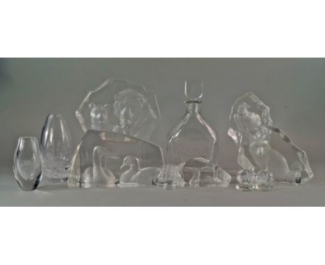 An Orrefors glass decanter and stopper, 20th century, moulded with grouse, etched marks to base H2495-111, together with two 