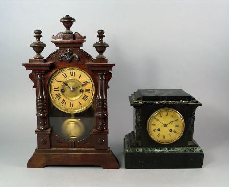 A French marble mantel clock, 19th century, the gilded face with Roman numeral chapter ring, with barrel movement signed for 