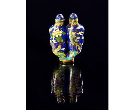 A Chinese cloisonne enamel double snuff bottle, 19th/20th century, with two lids with interior spoons, decorated with birds i