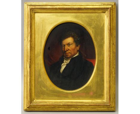 Northern European School, mid 19th century- Portrait of a gentleman, quarter length, seated; oil on glass, in a gilded frame 