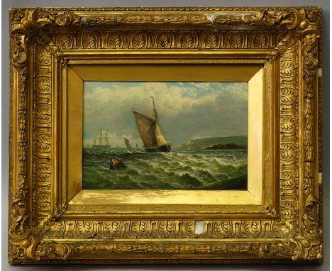 British School, mid-late 19th century- Shipping off the coast; oil on canvas, 14x21.5cm  CONDITION REPORT: in a gilt composit
