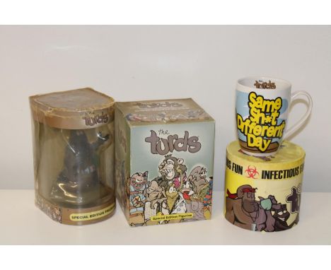 Two special edition Turds figures &amp; boxed mug 