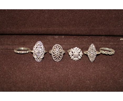 Six vintage silver &amp; marcasite rings 