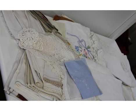 A basket full of vintage linen &amp; other items 