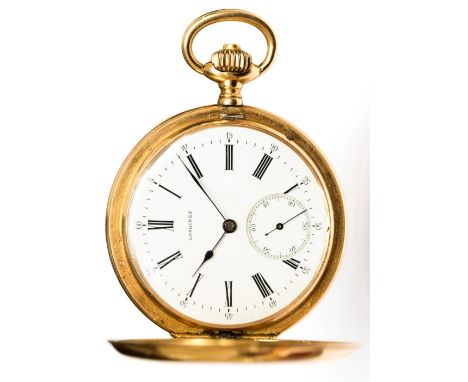 Longines, a gents 14k gold full hunter Longines top wind pocket watch, c.1900, 5cm enamel Roman dial with subsidiary seconds 