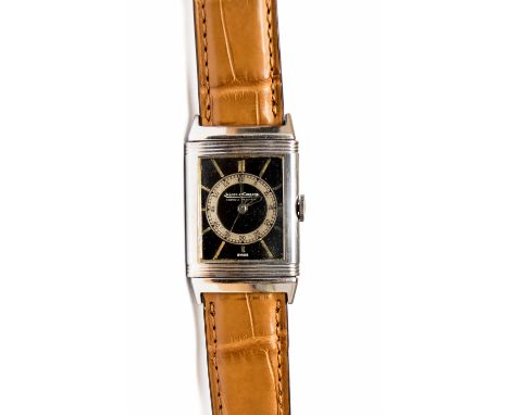 Jaeger Le Coultre, a vintage steel Jaeger Le Coultre steel Reverso wristwatch, numbered to back 72101, black dial with silver