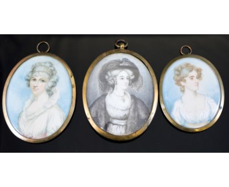 Three oval portrait miniatures on ivory, to include The Rt Hon Lady Elizabeth Belgrave, c.1830's and two other society ladies