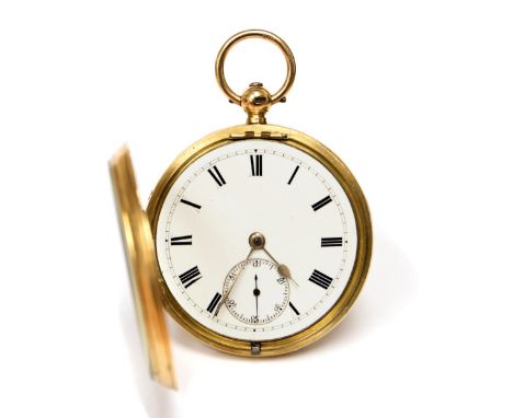 An 18ct gold open faced key wind pocket watch, 5cm enamel Roman dial with subsidiary seconds dial, scroll engraved balance co