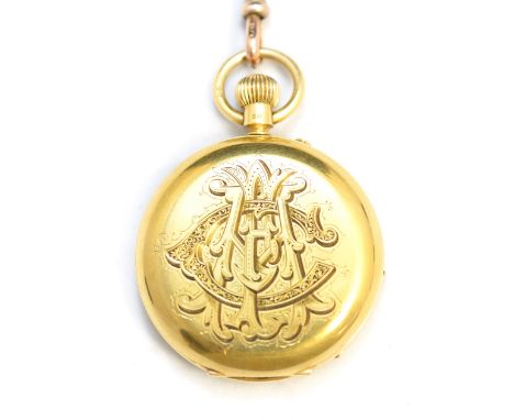 An 18ct gold gents full hunter pocket watch, top wind, 5cm case with monogrammed cover, enamel Roman dial with subsidiary sec