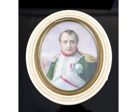 Emilha, M, a 19th Century half length oval portrait miniature of Napolean Bonaparte, in full uniform wearing his decorations,