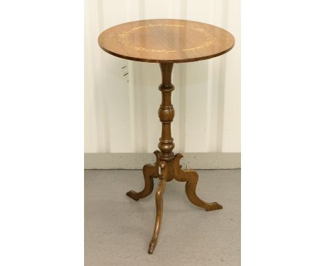A late Victorian rosewood tripod table, satinwood foliage inlay, circular top, raised on a turned column, standing on shaped 