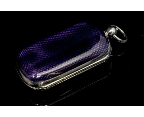 A George V silver and enamel double sovereign case, of cushioned rectangular form, the body decorated with violet guilloche e