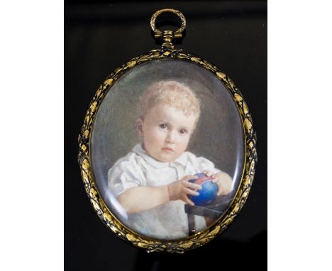 An oval portrait miniature of Richard Monty, son of M. Whedbee Esq, c.1920's, half length holding a ball, appears unsigned, i