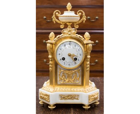 A 19th century French ormolu mounted white marble mantle clock, P Japy, Paris, the 3.5 inch dial with garlands and Arabic num