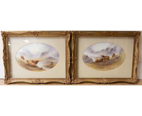 A pair of Milwyn Holloway oval ceramic wall plaques, each painted with a Highland scene with longhorn cattle, signed, swept g