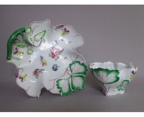 A Longton Hall strawberry leaf basin and stand, circa 1755, each piece painted with floral sprays by the 'Trembly Rose Painte