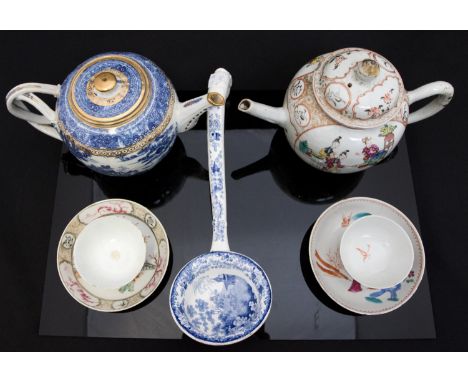A collection of Chinese export blue and white ceramics including Canon ball teapot with cross ribbon strap handle and gilt ba