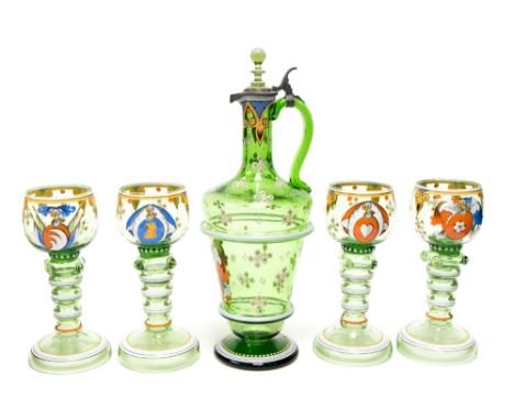A traditional German green glass decanter set, late 19th/early 20th Century, comprising pewter lidded carafe and four 'Roemer