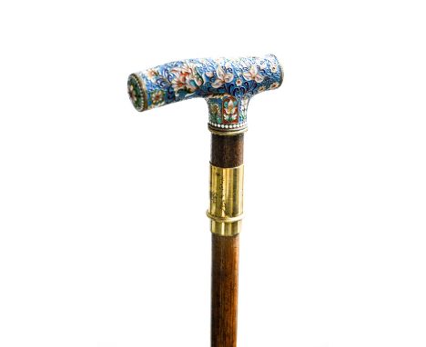 A Russian sword stick with gilt and blued triform blade and cloisonne handle, inscribed and dated, 'Thank you my English frie