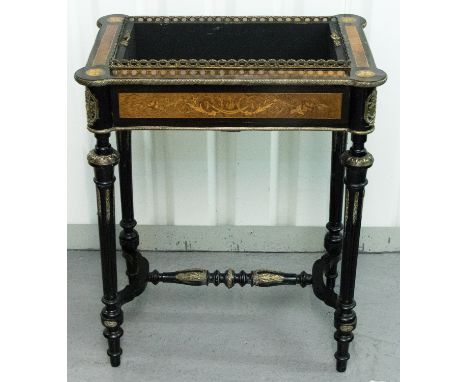 A French late 19th century planter, c.1880, ebony veneered, with panels of marquetry veneer and a gallery to top edge, applie
