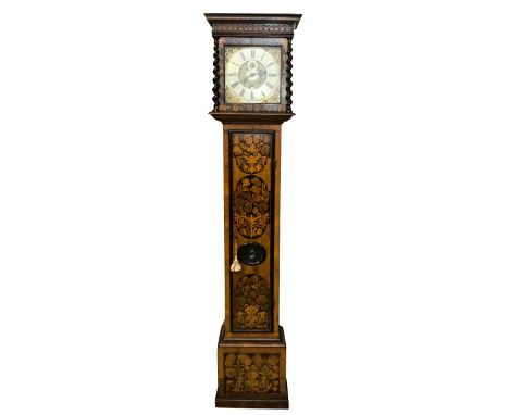 A William and Mary walnut and marquetry inlaid longcase clock, having an eight day movement, 11 inch brass dial with calendar