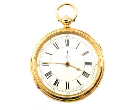 W. F. Story of Dewsbury, a gents 18ct gold open faced chronograph pocket watch, 5cm enamel Roman dial signed '1/4712', keywin