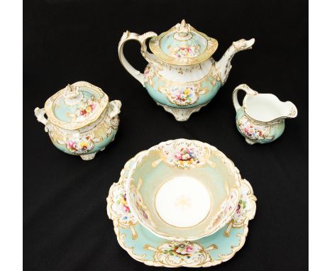 An early 19th century Staffordshire part tea service, probably Rockingham or Ridgways, circa 1830, gilt and floral decoration