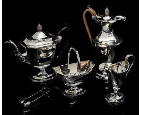 A George V silver matched five piece faceted silver tea service, in the late eighteenth / early nineteenth century style, com