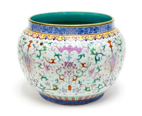 A Chinese famille rose jardiniere, Qianlong period, (1736-1795), of ovoid form, decorated in polychrome enamels with bats wit