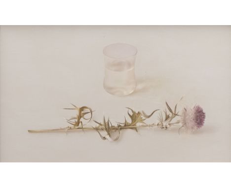 Thompson, Bonnie (Scottish) (1972), 'Scotch Thistle and Glass of Water', oils on board, titled on Panter & Hall Gallery label
