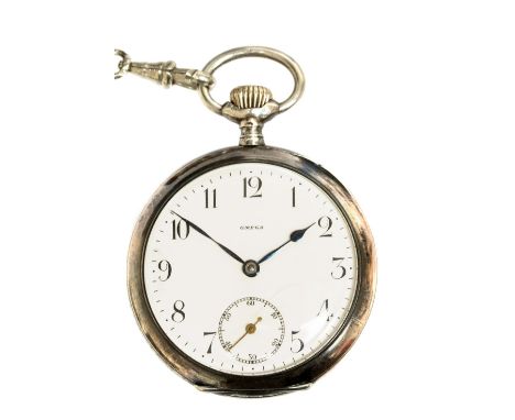 Omega, an Omega open-faced topwind pocket watch, .800 standard silver casework, white enamel dial with subsidiary seconds dia
