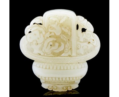 A Chinese jade buckle, of greyish-white tone, well carved as a basket planted with miniature pine pomegranate, Buddhais hand 