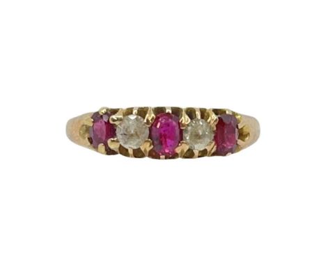 Antique Edwardian 18ct Rose Gold Natural Ruby And Diamond 5 Stone Ring, 2.3 gramsSize 6.5 | NGood condition.