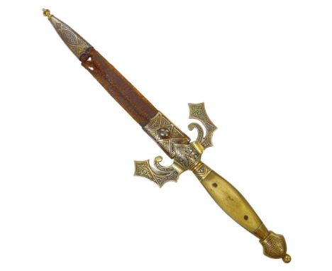 A Toledo-ware Dagger, probably late 19th century, with horn hilt, 33cm longOverall fair condition, scabbard leather needs rep