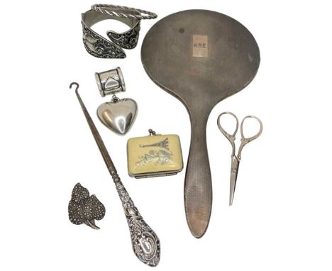 Mixed Lot of Silver and White Metal Items.To Include Bangle, Chester 1882 Silver Brooch, Birmingham 1933 Silver Mirror, Silve