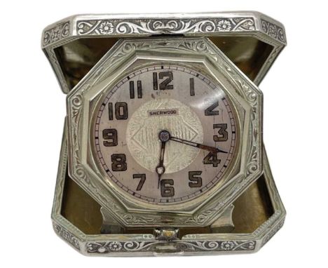 Sterling Silver Travelling Clock and Case. W.C.Elgin Watch & Clock Case CompanyMarked Sterling. Vacant cartouche to lid6.5 x6