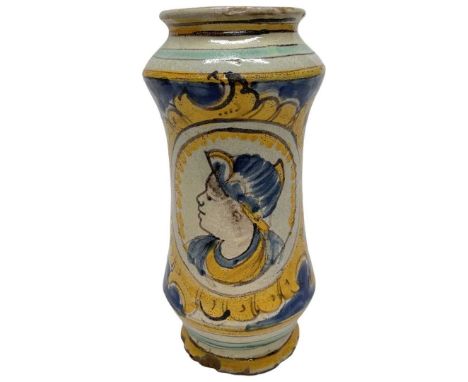 17th Century Polychrome Majolica Albarello Drug Jar, Floral Decorated with Head and Shoulders Portrait to Central Panel24cm h
