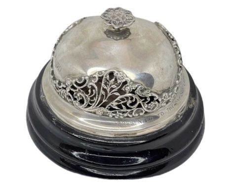 Silver Push Button Table Bell. London 1903, William ComynsPierced Decoration to body of bell. Inscription around base of bell