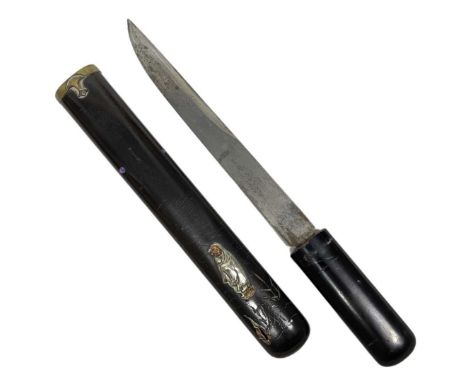 A Japanese Letter Opener with Plain Single Edged Blade, with Polished Handle (Lacking Mount) to a Plain Scabbard with Applied