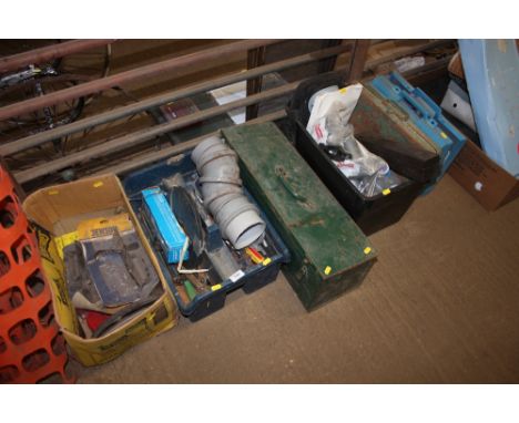 Three boxes and a metal tool box of various tools and fittings; together with two cased pipe freeze kits