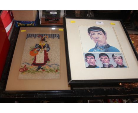 A Heineken advertising print together with a wool work embroidery 