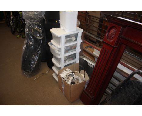 A quantity of various,light bulbs; a plastic nest of drawers and contents; and a box of various wires