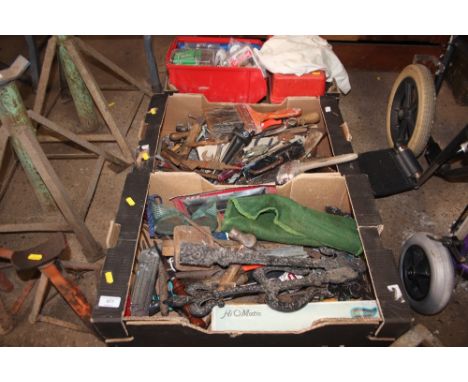 Three boxes of various hand tools; fittings etc