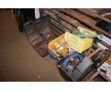 Two plastic containers of various tools, screws, etc.; and a cased set of drill bits
