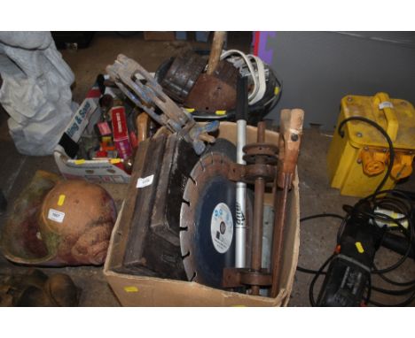 Two boxes and a bucket of various hand tools, fittings etc.