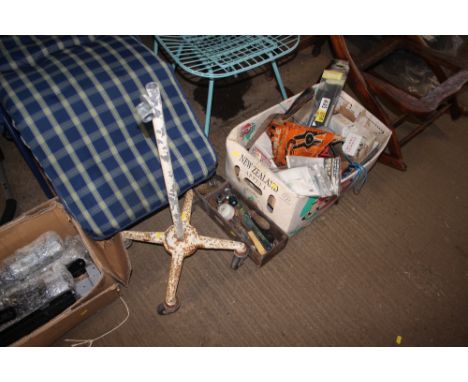 A four wheel stand; together with a tray of tools and fittings and a box of various sundries