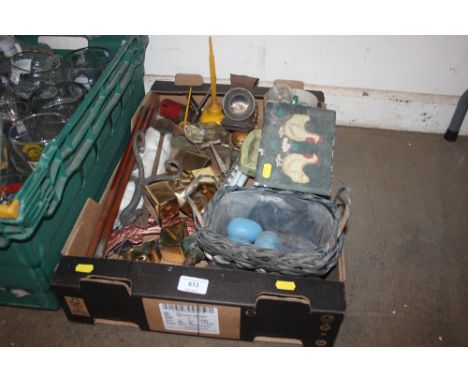 A box of sundries to include glass bottles; oil cans; bicycle lamp; brass castors etc