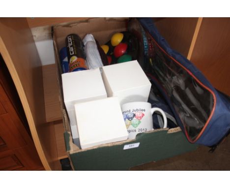 A box of various sporting items and Diamond Jubilee Olympic cups