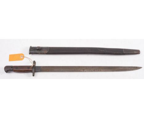 A 1907  MK II pattern bayonet by Mole: the straight single edge blade stamped to ricasso over two piece wooden grip in a blac